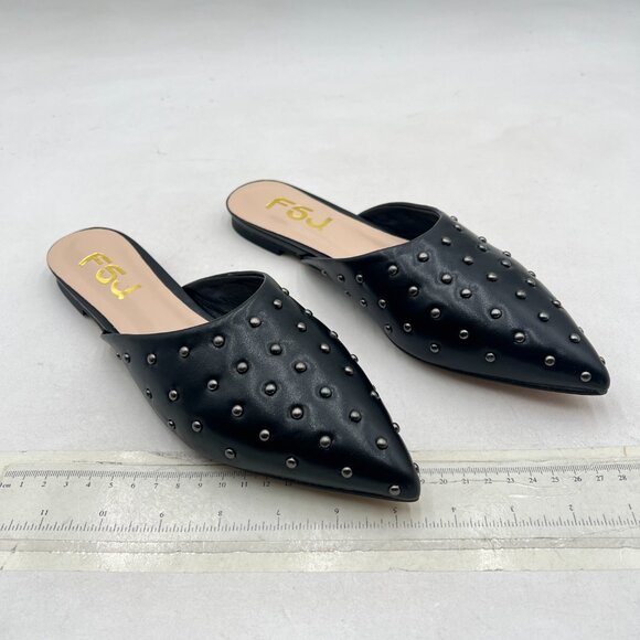 FSJ Black Pointed Toe Flats Mules Sandals Studded Backless Slip On Romantic Shoe - Picture 4 of 8